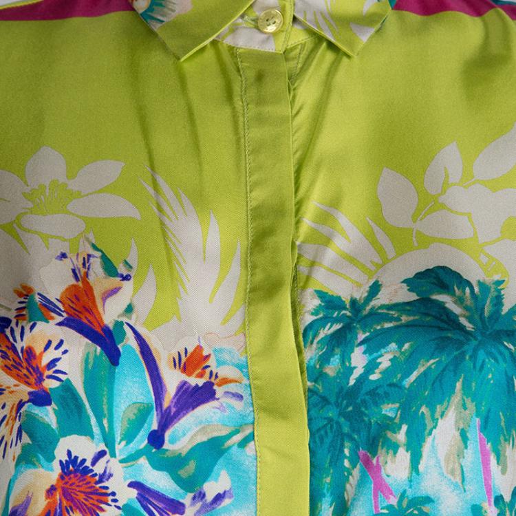 Pre Owned Etro Lime Green Floral Printed Silk Long Sleeve Button Front Shirt S