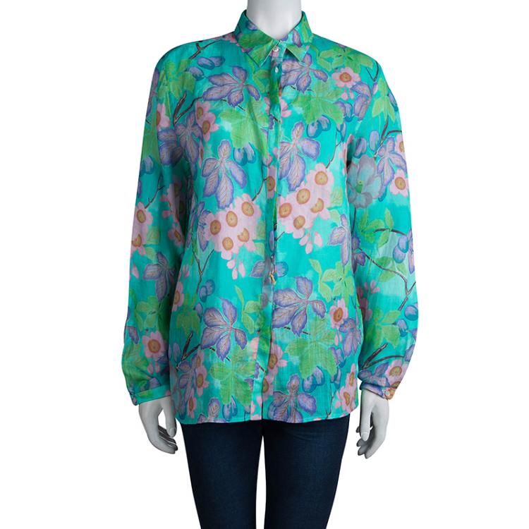 Pre Owned Etro Green Floral Printed Long Sleeve Button Front Shirt L