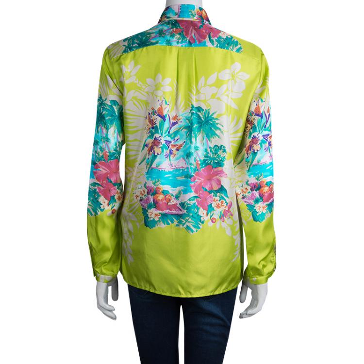 مملوكة مسبقًا Etro Lime Green Floral Printed Silk Long Sleeve Button Front Shirt M
