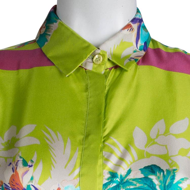 مملوكة مسبقًا Etro Lime Green Floral Printed Silk Long Sleeve Button Front Shirt M