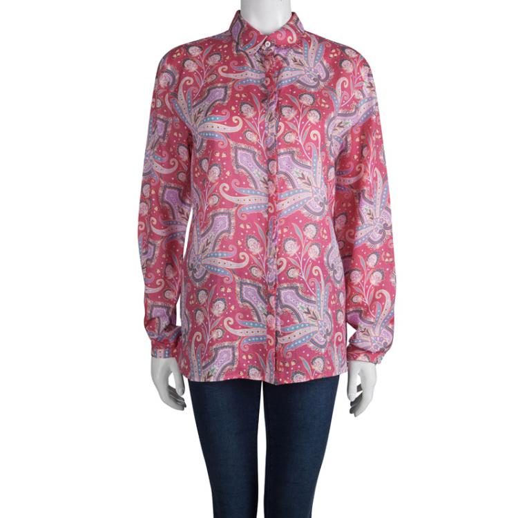 Pre Owned Etro Pink Ramie Floral Paisley Printed Button Down Shirt L