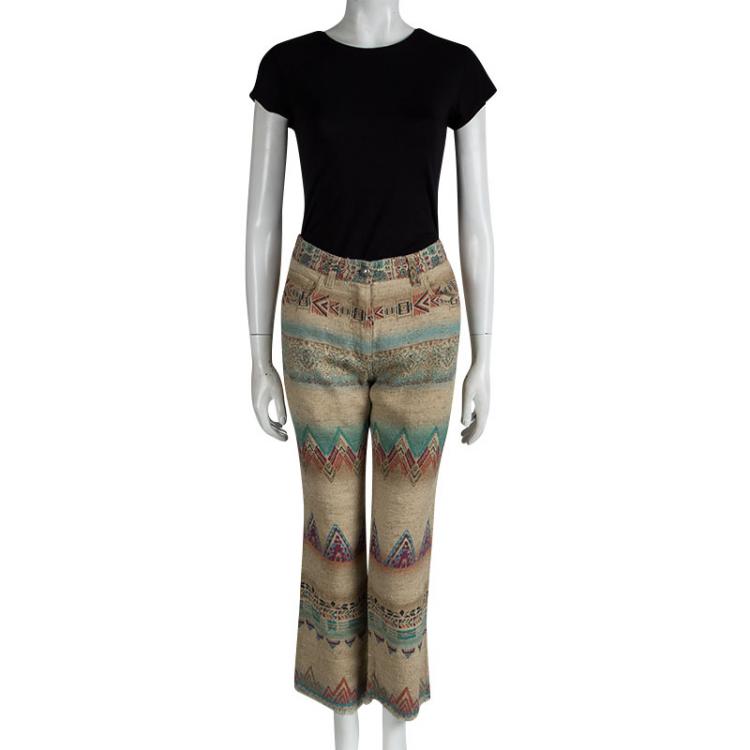 Pre Owned Etro Beige Aztec Printed Textured Fringed Bottom Trousers S
