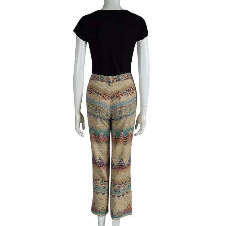Pre Owned Etro Beige Aztec Printed Textured Fringed Bottom Trousers S
