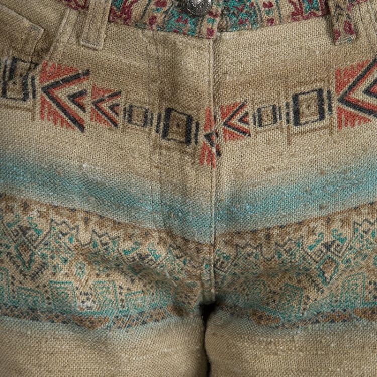 Pre Owned Etro Beige Aztec Printed Textured Fringed Bottom Trousers S