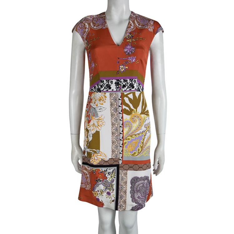 Pre Owned Etro Multicolor Printed Cap Sleeve Sheath Dress S