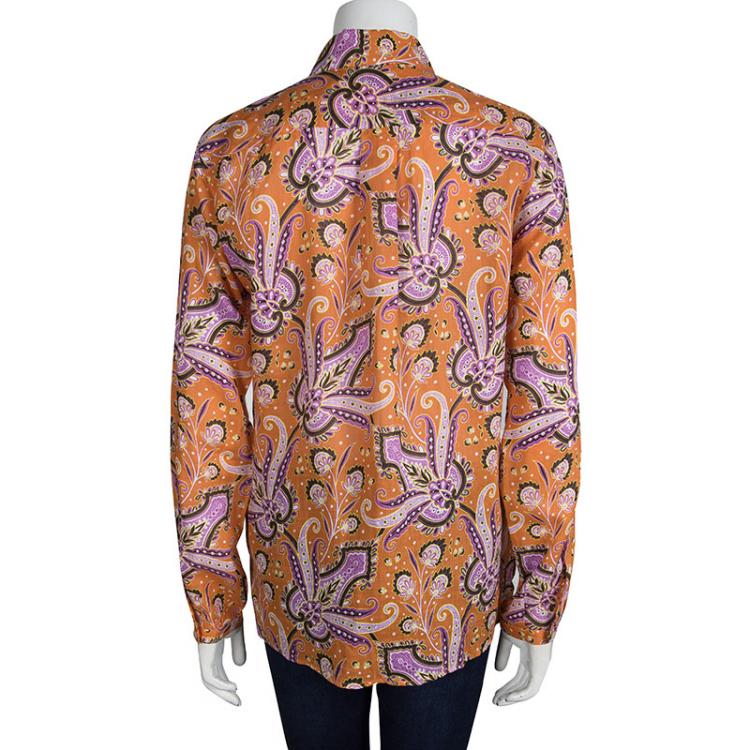 Pre Owned Etro Orange Paisley Printed Long Sleeve Button Front Shirt M