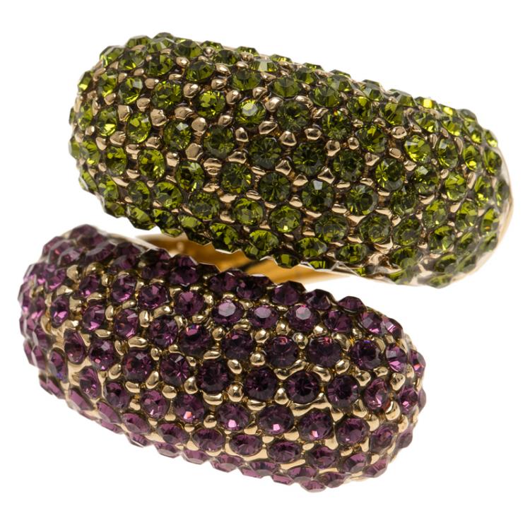 Pre Owned Etro Purple and Green Crystal Gold Tone Ring Size 57