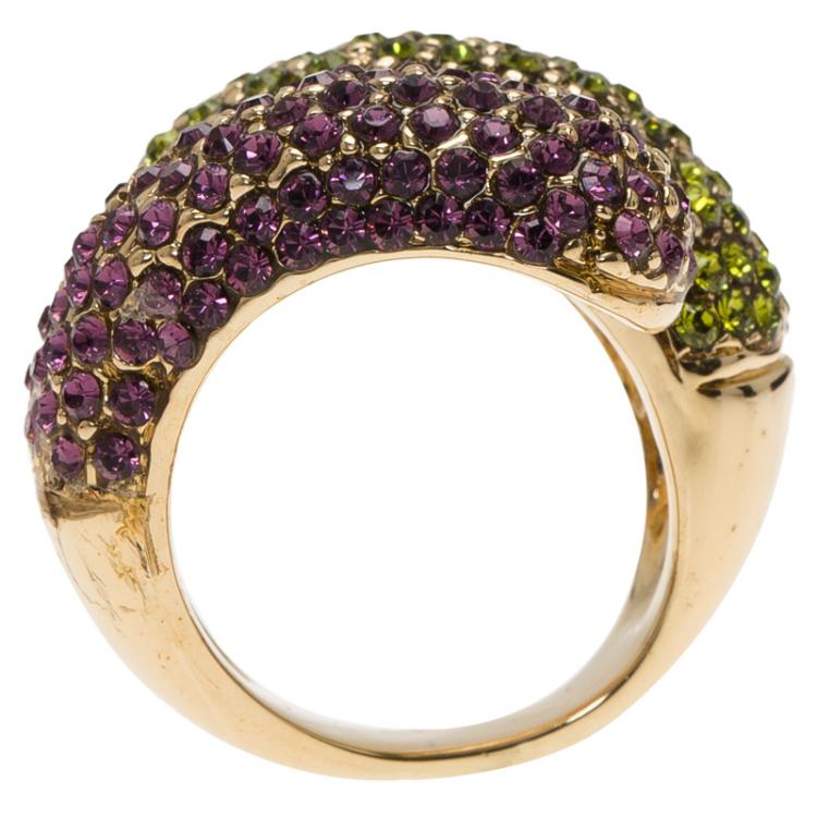 Pre Owned Etro Purple and Green Crystal Gold Tone Ring Size 57