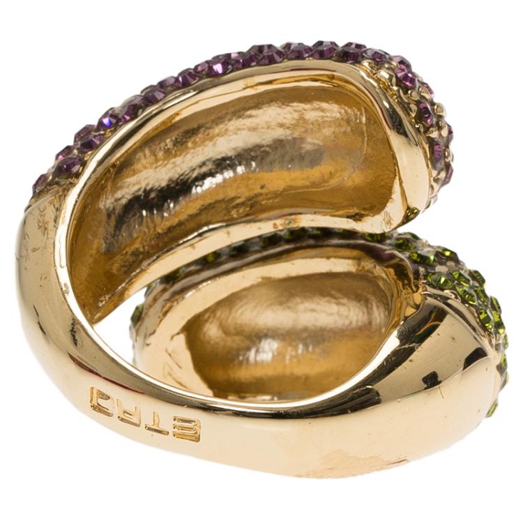 Pre Owned Etro Purple and Green Crystal Gold Tone Ring Size 57