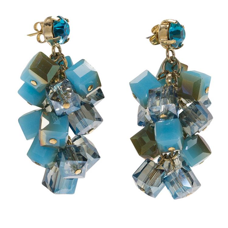 Pre Owned Etro Blue Crystal Cubes Gold Tone Dangle Earrings