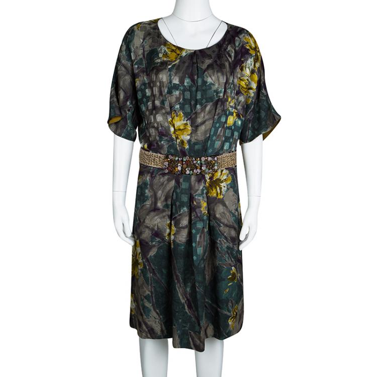 Pre Owned Etro Multicolour Print Embellished Waist Detail Short Sleeve Dress L