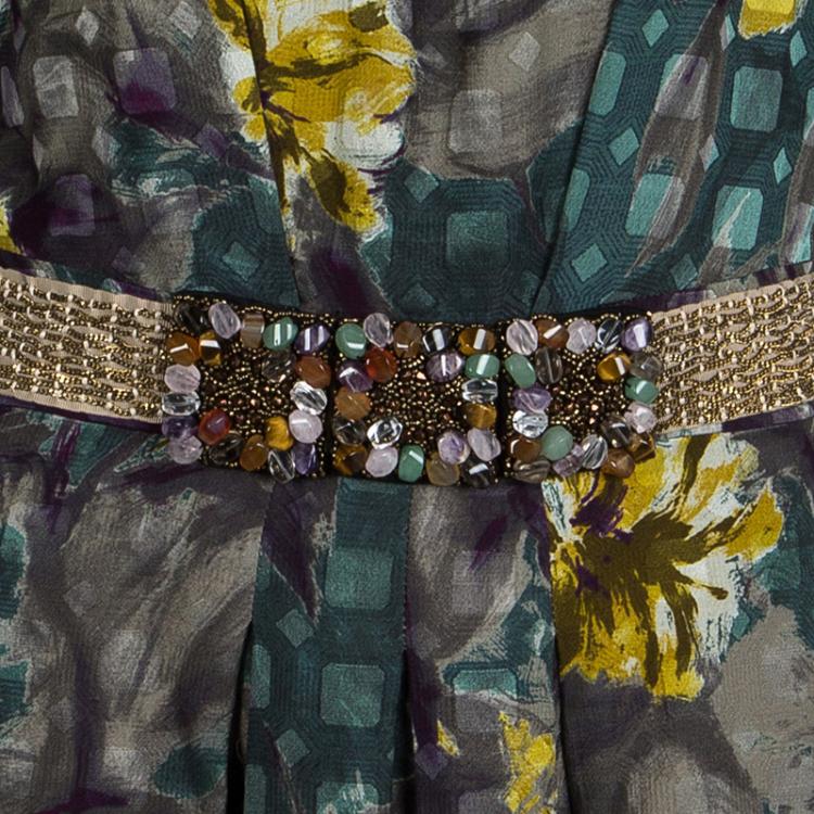 Pre Owned Etro Multicolour Print Embellished Waist Detail Short Sleeve Dress L
