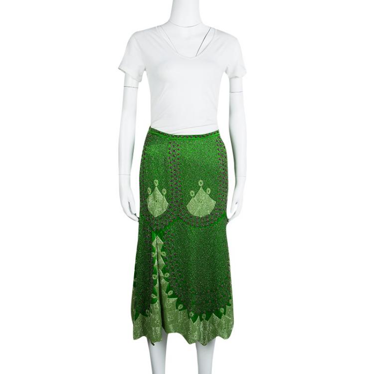 Pre Owned Etro Parrot Green Silk Hand Embellished Beadwork Midi Skirt M