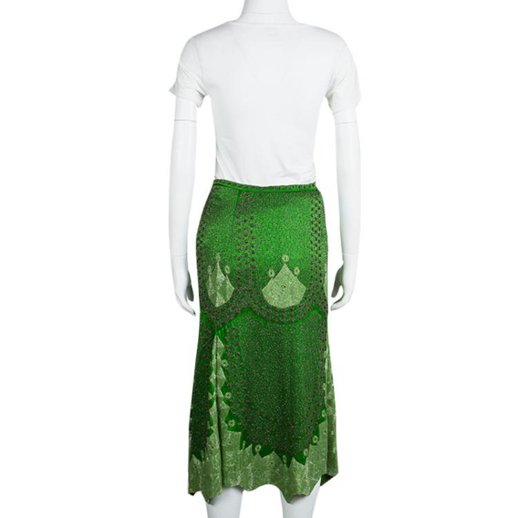 Pre Owned Etro Parrot Green Silk Hand Embellished Beadwork Midi Skirt M