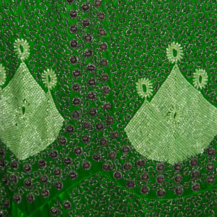 Pre Owned Etro Parrot Green Silk Hand Embellished Beadwork Midi Skirt M