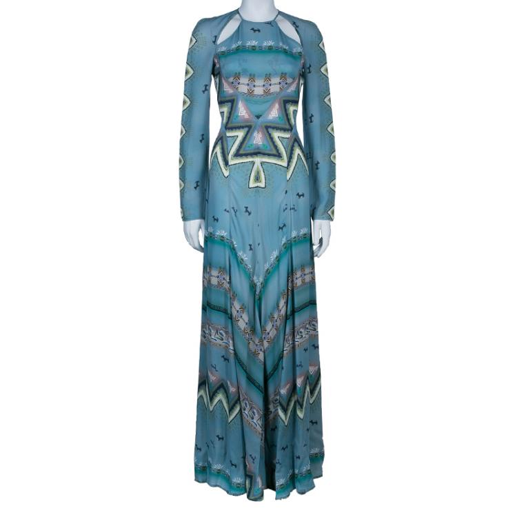 Pre Owned Etro Blue Printed Long Sleeve Maxi Dress S