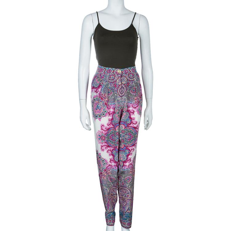 Pre Owned Etro Pink Multicolor Silk Trousers L