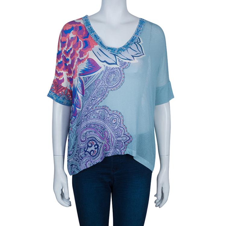 Pre Owned Etro Blue Multicolor Print Short Sleeve Sweater S
