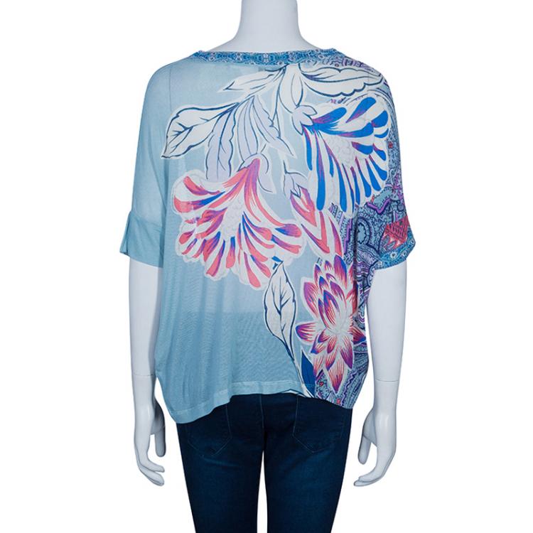 Pre Owned Etro Blue Multicolor Print Short Sleeve Sweater S
