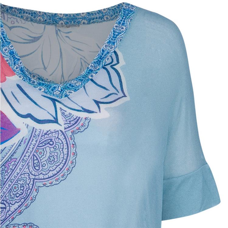 Pre Owned Etro Blue Multicolor Print Short Sleeve Sweater S