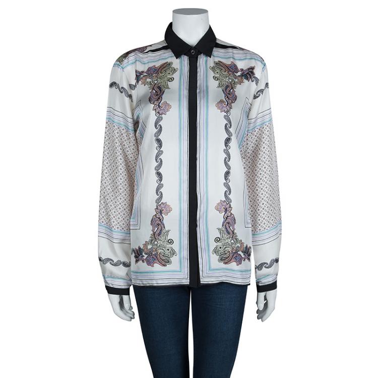 Pre Owned Etro White Printed  Long Sleeve Buttondown Silk Shirt XL