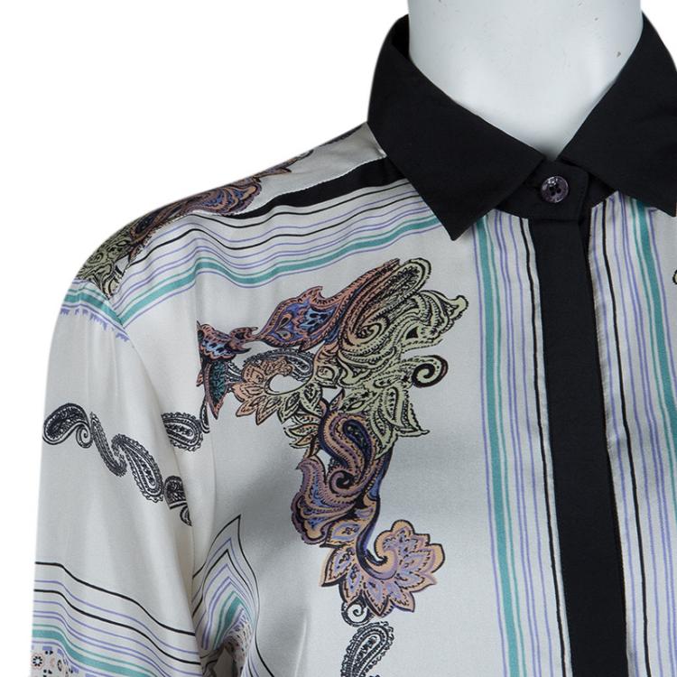 Pre Owned Etro White Printed  Long Sleeve Buttondown Silk Shirt XL