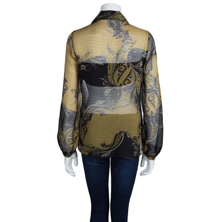 Pre Owned Etro Multicolor Printed Crinkled Silk Chiffon Ruffle Detail Sheer Long Sleeve Blouse M