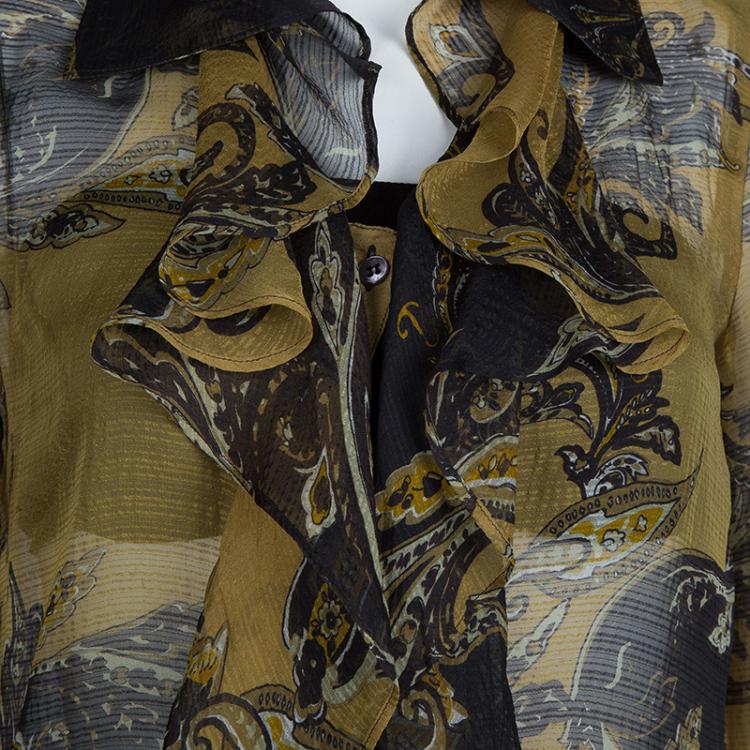 Pre Owned Etro Multicolor Printed Crinkled Silk Chiffon Ruffle Detail Sheer Long Sleeve Blouse M