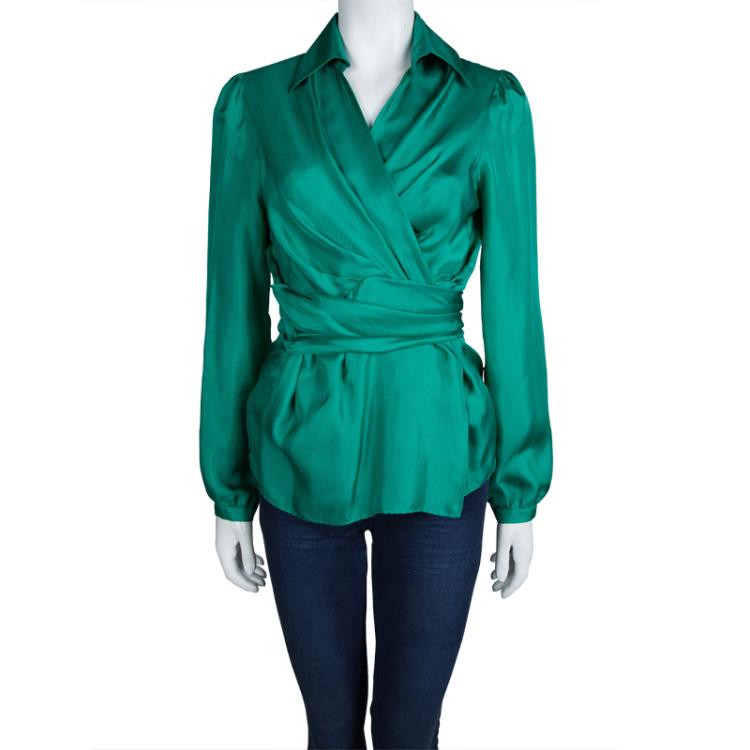 Pre Owned Etro Green Silk Draped Long Sleeve Wraparound Blouse M