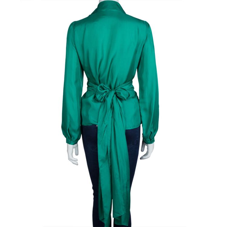 Pre Owned Etro Green Silk Draped Long Sleeve Wraparound Blouse M
