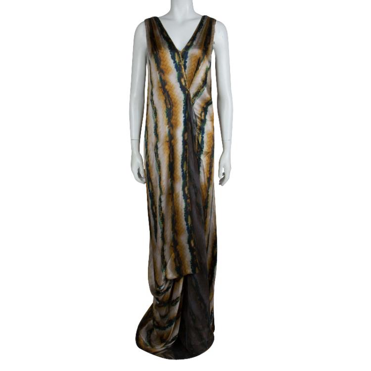 Pre Owned Etro Animal Printed Silk Draped Sleeveless Maxi Dress S