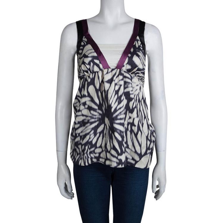 Pre Owned Etro Monochrome Print Silk Cross Strap Top M