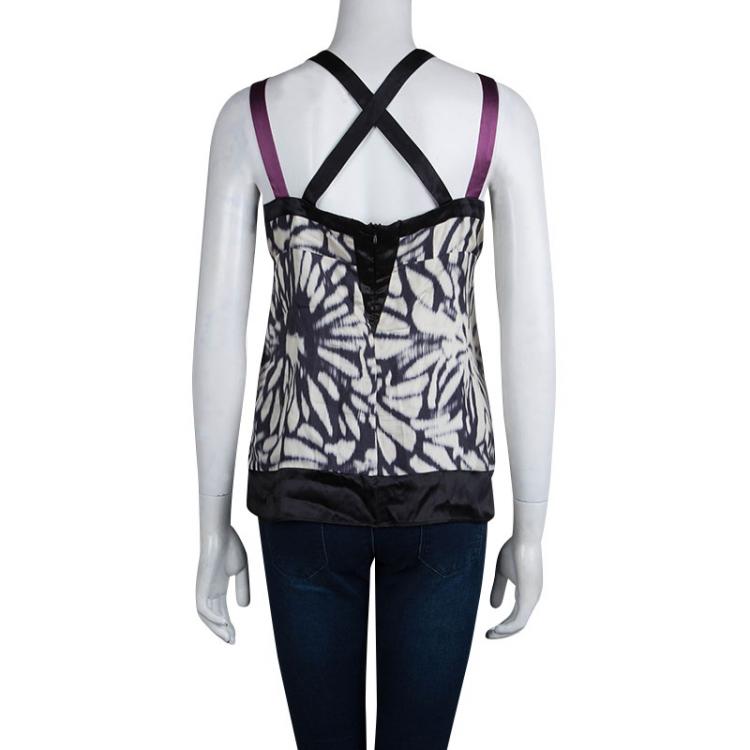 Pre Owned Etro Monochrome Print Silk Cross Strap Top M