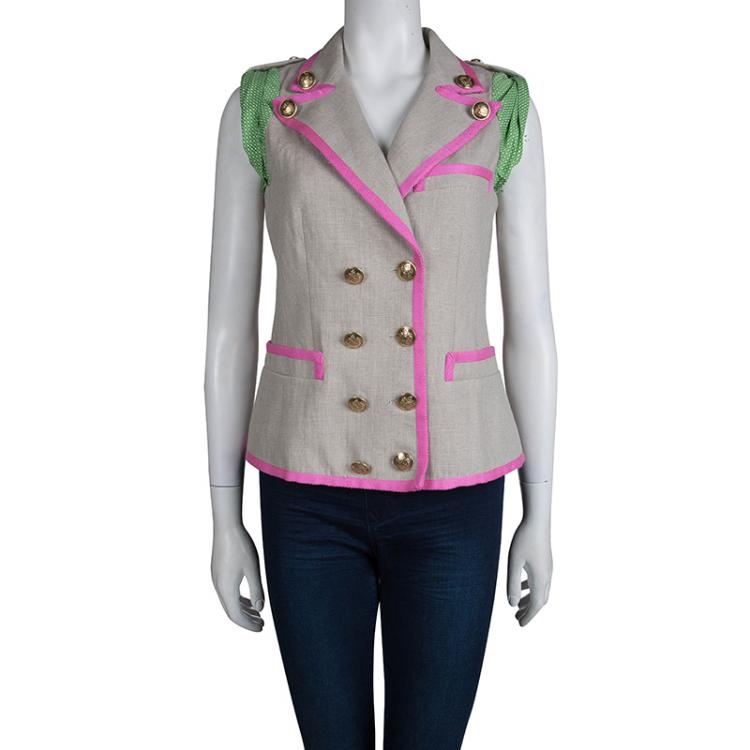 Pre Owned Etro Beige Linen Double Breasted Sleeveless Jacket M