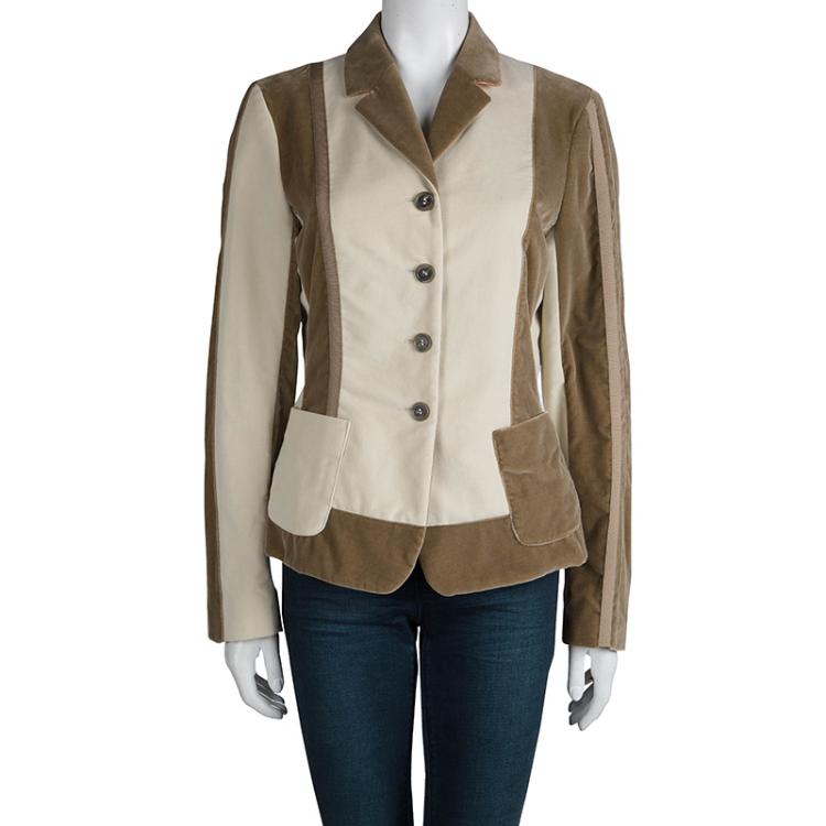 Pre Owned Etro Beige and Brown Velvet Notched Collar Blazer L