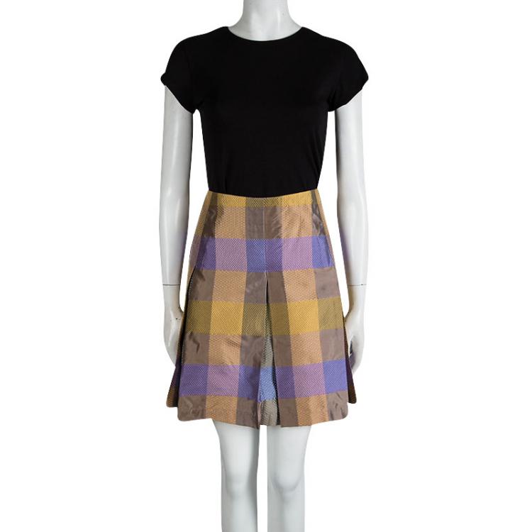 Pre Owned Etro Multicolor Silk Checked Pleated Skirt M