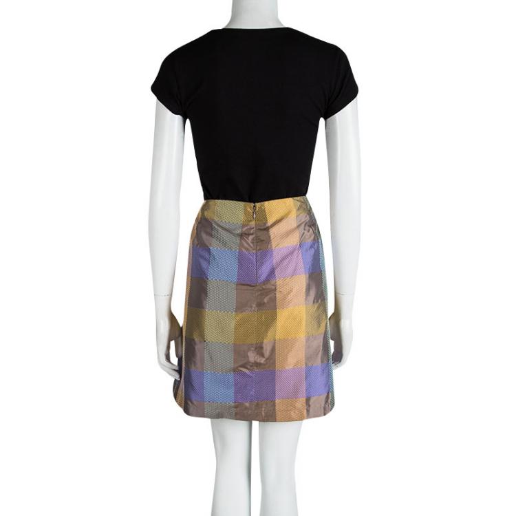 Pre Owned Etro Multicolor Silk Checked Pleated Skirt M