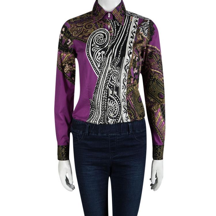 Pre Owned Etro Purple Printed Cotton Long Sleeve Button Front Shirt S