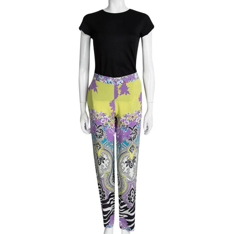 Pre Owned Etro Multicolor Printed Silk Elasticized Waist Pants M