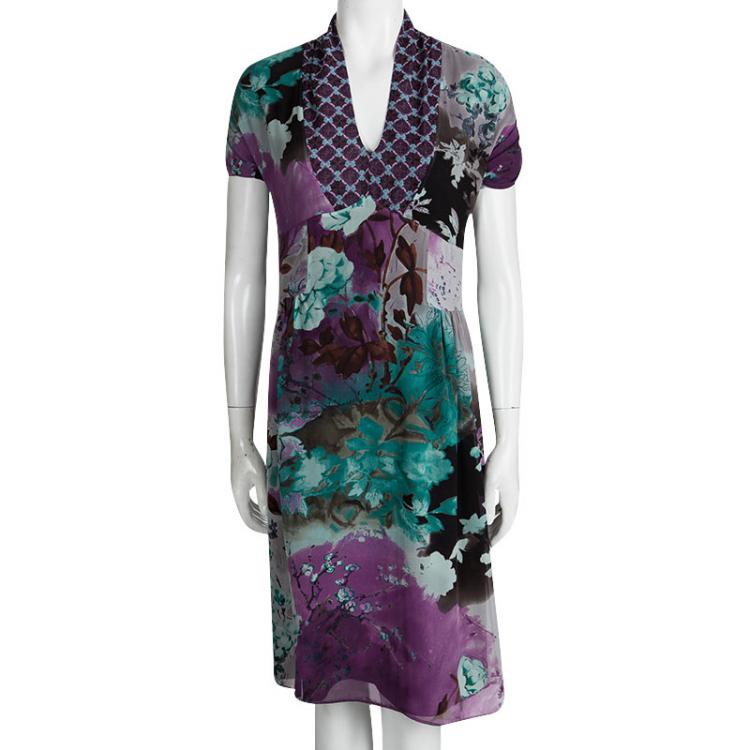 Pre Owned Etro Multicolor Printed Silk Ruched Sleeve Dress M