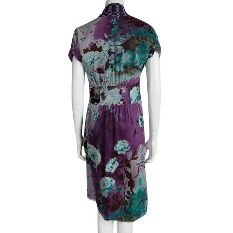 Pre Owned Etro Multicolor Printed Silk Ruched Sleeve Dress M