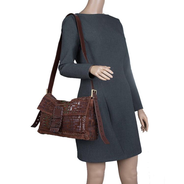 Pre Owned Fendi Brown Suede and Leather Large Convertible Stitched Baguette Bag