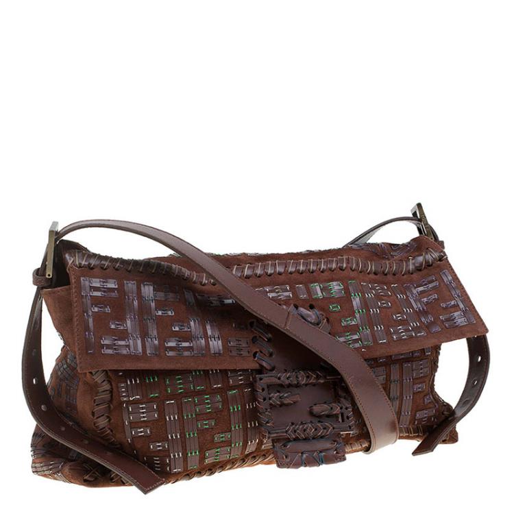 Pre Owned Fendi Brown Suede and Leather Large Convertible Stitched Baguette Bag