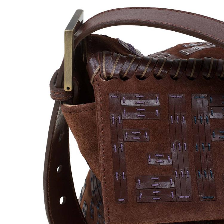 Pre Owned Fendi Brown Suede and Leather Large Convertible Stitched Baguette Bag