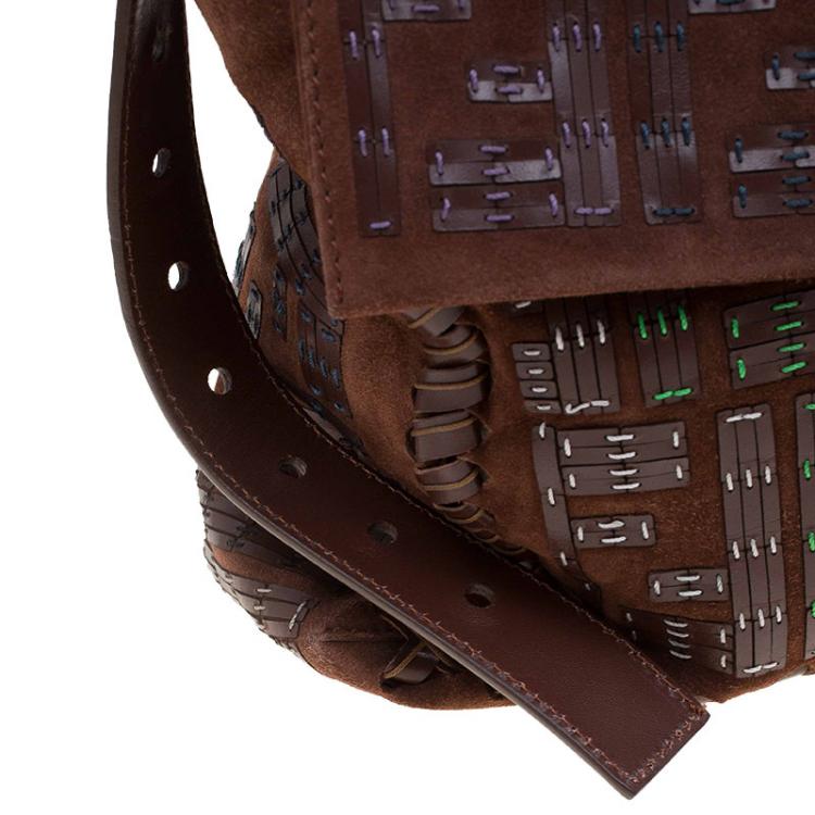 Pre Owned Fendi Brown Suede and Leather Large Convertible Stitched Baguette Bag