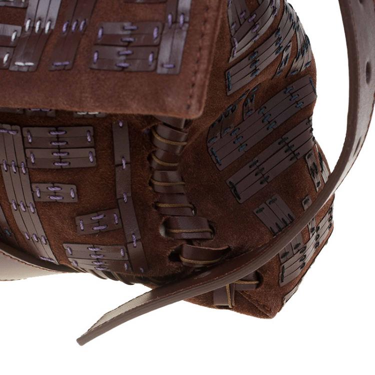 Pre Owned Fendi Brown Suede and Leather Large Convertible Stitched Baguette Bag