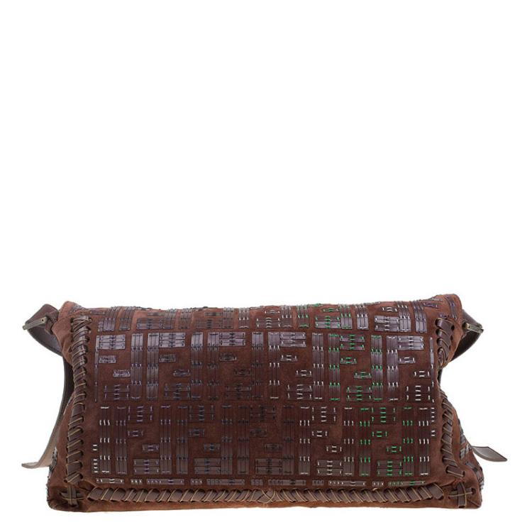 Pre Owned Fendi Brown Suede and Leather Large Convertible Stitched Baguette Bag