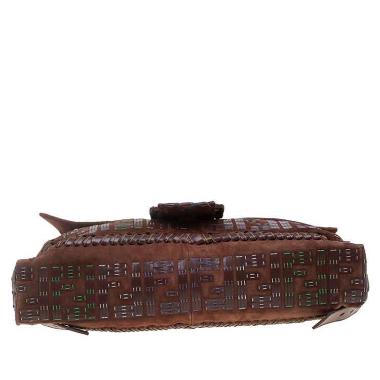 Pre Owned Fendi Brown Suede and Leather Large Convertible Stitched Baguette Bag