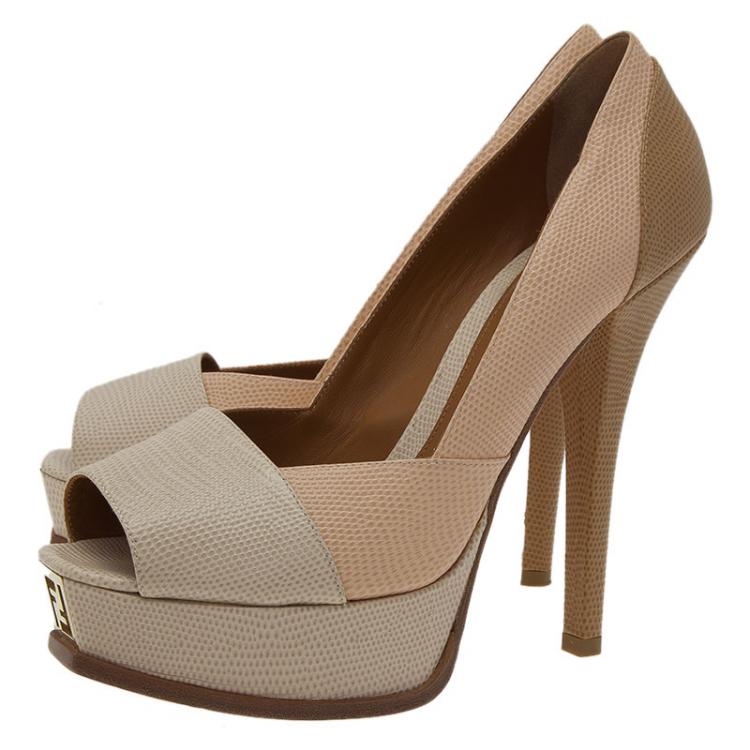 Pre Owned Fendi Fendista Colorblock Lizard-Embossed Leather Peep Toe Platform Pumps Size 40