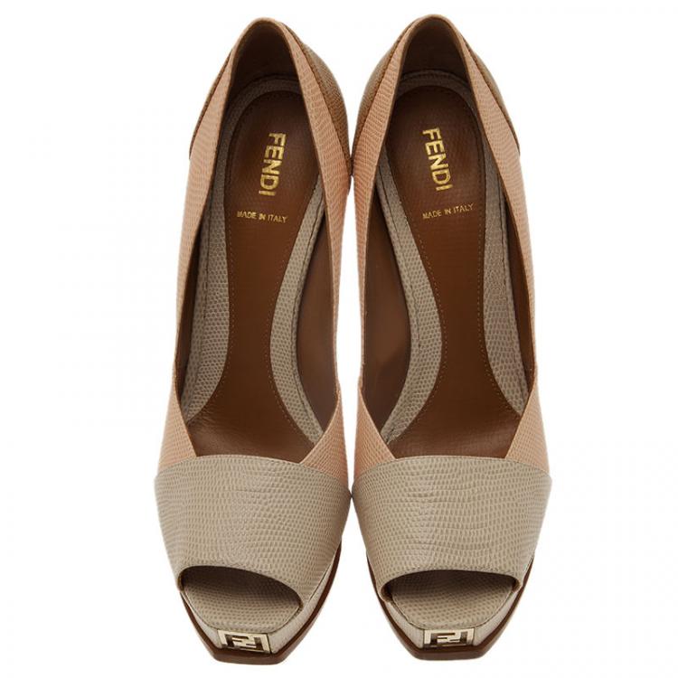 Pre Owned Fendi Fendista Colorblock Lizard-Embossed Leather Peep Toe Platform Pumps Size 40
